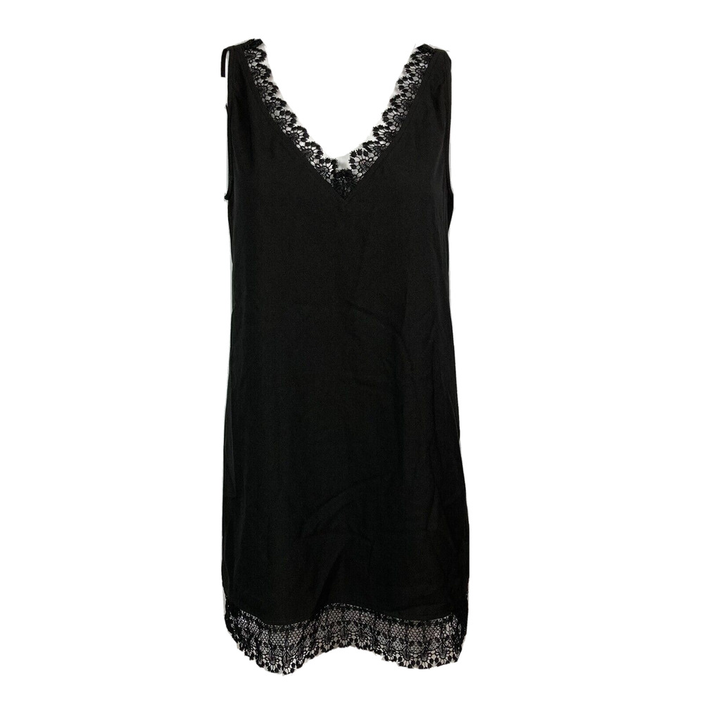 Leith Dress Womens Sz S Black Lace Trim Sleeveless V Neck Shift Mini